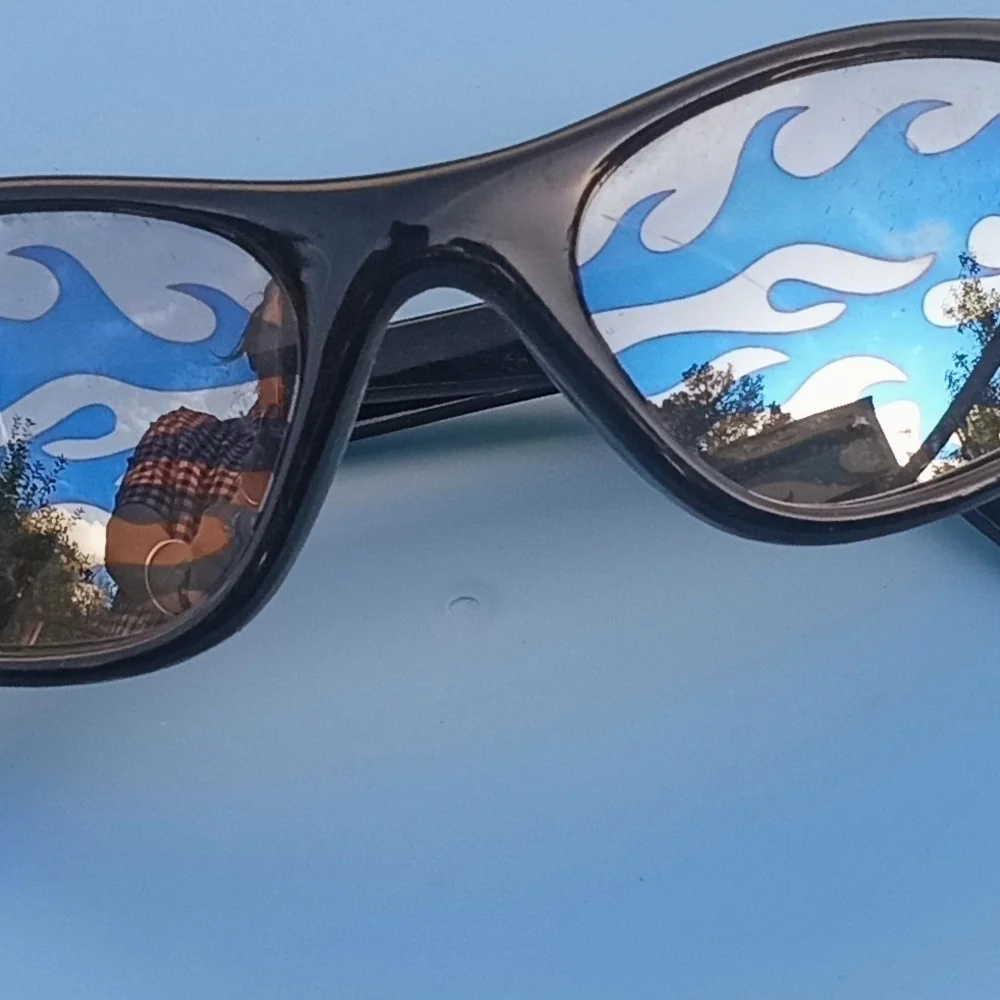 Black Sunglasses with Blue Flame Design